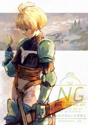 Rule 34 | 1boy, armor, blonde hair, character request, check character, check copyright, copyright request, dated, final fantasy, final fantasy tactics, holding, holding leaf, holding sword, holding weapon, leaf, male focus, miyama (lacrima01), pants, pauldrons, ramza beoulve, short hair, shoulder armor, signature, solo, standing, sword, watermark, weapon, white pants