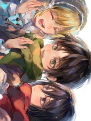 1girl 2boys armin_arlert black_hair blonde_hair brown_hair child closed_eyes closed_mouth earmuffs eren_yeager green_eyes green_scarf grey_eyes grey_mittens hair_between_eyes highres light_smile mikasa_ackerman mittens moruru_08 multiple_boys open_mouth red_scarf scarf shingeki_no_kyojin short_hair smile upper_body