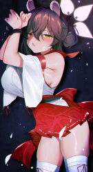 1girl absurdres ahoge animal_ears armpit_crease arms_up blue_archive bound bound_wrists breasts brown_hair chromatic_aberration commentary cowboy_shot detached_sleeves english_commentary fang hair_bun halo highres kaede_(blue_archive) kebohan large_breasts open_mouth pink_halo pleated_skirt red_skirt short_sleeves sideboob simple_background skin_fang skirt solo thighhighs white_sleeves white_thighhighs yellow_eyes