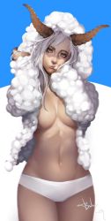 1girl baby.g breasts female_focus finger_to_mouth highres horns lips long_hair looking_at_viewer mole mole_under_eye navel panties silver_hair solo stomach underwear white_panties wool yellow_eyes