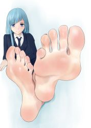 1girl barefoot blue_eyes blue_hair blunt_bangs feet formal_clothes hair_over_one_eye highres hime_cut jujutsu_kaisen looking_at_viewer loose_necktie miwa_kasumi necktie pov shirow_(mha03133) sidelocks soles suit tagme toes