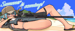 1girl absurdres baseball_cap beach bikini black_sandals blue_eyes blue_hair blue_sky blush brown_hat cirno cirno_(cookie) cloud commentary_request cookie_(touhou) day full_body glint gun hat highres lying on_back oomiya_(nicoseiga96593860) outdoors rifle sandals short_hair sky sniper_rifle solo swimsuit touhou weapon white_bikini