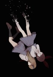 2boys alice&#039;s_spiritual_judge alice_kanzaki black_background black_socks blue_hairband blue_shirt blue_skirt brown_hair brown_shoes character_request falling full_body hairband highres long_hair long_sleeves multiple_boys pleated_skirt rokir shirt shoes simple_background skirt socks upside-down white_socks