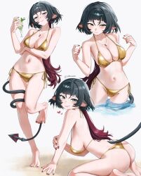 1girl absurdres animal_ears bare_shoulders bikini blush breasts collarbone gold_bikini highres jane_doe_(zenless_zone_zero) large_breasts long_hair looking_at_viewer mouse_ears mouse_girl mouse_tail multiple_views navel smile swimsuit tail thighs waligner zenless_zone_zero