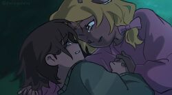 1girl 1other alien_stage bandaid bandaid_on_hand blonde_hair bow brown_hair commentary deltarune english_commentary furry furry_female green_sweater hair_bow kris_(deltarune) looking_at_another lying noelle_holiday on_grass on_side paragonesz pink_bow pink_shirt scene_reference shirt signature striped_clothes striped_sweater sweater tears