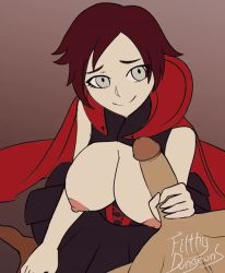 1boy 1girl animated breasts cum cum_on_body cum_on_breasts cum_on_clothes cum_on_hair cum_on_upper_body faceless faceless_male facial filthydungeons grey_eyes handjob hetero large_breasts nipples red_hair ruby_rose rwby smile uncensored video