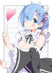 1girl asymmetrical_bangs black_dress blue_eyes blue_hair blush_stickers breasts commentary detached_sleeves diagonal_bangs dress eyes_visible_through_hair frilled_sleeves frills hair_over_one_eye heart highres index_finger_raised large_breasts long_sleeves looking_at_viewer noyama_takenoko re:zero_kara_hajimeru_isekai_seikatsu rem_(re:zero) roswaal_mansion_maid_uniform short_hair simple_background smile solo white_background wide_sleeves