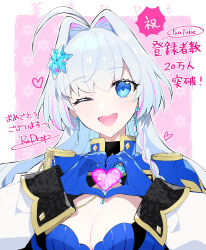 ahoge aiguillette artist_name blue_capelet blue_eyes blue_gloves breasts capelet center_opening cleavage flower gloves hair_flower hair_intakes hair_ornament heart heart_hands highres indie_virtual_youtuber large_breasts long_hair long_sleeves looking_at_viewer one_eye_closed open_mouth redrop signature smile soma_nahiro upper_body virtual_youtuber white_hair white_sleeves