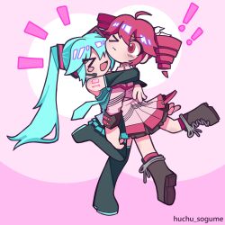 &gt;_&lt; &gt;_o 2girls absurdres aqua_hair artist_name black_boots blush_stickers boots closed_eyes closed_mouth detached_sleeves drill_hair full_body hatsune_miku highres huchu_(huchu_sogume) hug kasane_teto kasane_teto_(sv) lace-up_boots long_hair miniskirt multiple_girls one_eye_closed open_mouth pink_background red_eyes red_hair single_blush_sticker skirt smile standing standing_on_one_leg synthesizer_v twin_drills twintails utau vocaloid
