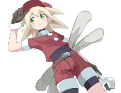 1girl black_bodysuit blonde_hair bodysuit cowboy_shot cropped_shirt green_eyes hat highres holding holding_wrench medium_hair mega_man_(series) mega_man_legends_(series) newsboy_cap red_hat red_shirt red_shorts roll_caskett_(mega_man) shirt shorts slyger_ex solo wrench