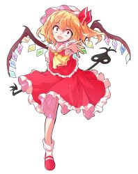 1girl ascot blonde_hair bobby_socks bow collarbone commentary_request crystal_wings dairi double-parted_bangs fang flandre_scarlet frilled_shirt frilled_shirt_collar frilled_skirt frilled_sleeves frilled_vest frills full_body hair_between_eyes hat hat_ribbon head_tilt laevatein_(touhou) large_variant_set looking_at_viewer mary_janes medium_hair mob_cap multicolored_wings open_mouth outstretched_arm pink_hat raised_eyebrows reaching reaching_towards_viewer red_bow red_eyes red_ribbon red_shoes red_skirt red_vest ribbon running shirt shoes simple_background skirt skirt_set socks solo tachi-e touhou transparent_background variant_set vest white_shirt white_socks wings yellow_ascot
