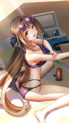 1girl :d applying_sunscreen ass bare_arms bare_legs barefoot bikini blush breasts brown_eyes brown_hair cleavage day doukyuusei_(series) doukyuusei_another_world eyewear_on_head from_above game_cg hair_intakes kakyuusei_(series) kakyuusei_2 long_hair looking_at_viewer lotion medium_breasts official_art open_mouth outdoors print_bikini purple-tinted_eyewear purple_bikini saimon_tamaki sitting smile solo sunglasses sunscreen swimsuit tinted_eyewear very_long_hair wariza