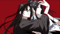 Rule 34 | 2boys, ahoge, aninsigsi, bishounen, black hair, black hanfu, chinese clothes, chromatic aberration, closed mouth, hair between eyes, hair down, hair ribbon, half updo, hanfu, headband, highres, hug, hug from behind, korean commentary, lan wangji, long hair, long sleeves, looking at viewer, male focus, modao zushi, multiple boys, official alternate hairstyle, parted lips, ponytail, red background, red eyes, red ribbon, ribbon, robe, sidelocks, simple background, smile, topknot, twitter username, upper body, watermark, wei wuxian, wei wuxian (yiling laozu), white hanfu, white headband, wide sleeves, yaoi, yellow eyes