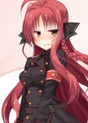 1girl antenna_hair armband belt black_jacket black_ribbon blush braid breasts brown_belt brown_eyes buttons clip_studio_paint_(medium) commentary_request cowboy_shot double-breasted dracu-riot! frown hair_intakes hair_ribbon highres jacket jitome long_hair long_sleeves looking_at_viewer makochan42 medium_breasts open_mouth pink_background red_armband red_hair ribbon sidelocks simple_background single_braid solo two-tone_background v-shaped_eyebrows variant_set very_long_hair white_background yarai_miu