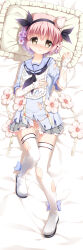 bed bed_sheet blush dakimakura_(medium) flower hair_ornament hairband himekawa_koyuki magical_girl mahou_shoujo_ikusei_keikaku on_bed pillow pink_hair pussy school_uniform short_hair snow_white_(mahoiku) thighhighs torn_clothes white_thighhighs xia_xiang_(ozicha) yellow_eyes