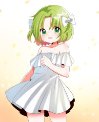 1girl absurdres bare_shoulders bow collarbone dejiko di_gi_charat dot_nose dress green_eyes green_hair highres ichigo_to_marugao looking_at_viewer no_ahoge no_headwear open_mouth sad short_hair solo tears white_bow white_dress