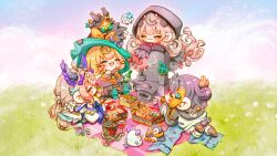 4girls :3 :d aloupeep_(enna_alouette) animal_hood bell bento black_hair black_jacket blonde_hair blush_stickers cardigan chibi commentary cup dango drinking drinking_glass english_commentary enna_alouette enna_alouette_(1st_costume) ethyria famillie_(millie_parfait) field fish_hair_ornament floating flower folded_ponytail food forget-me-not_(flower) grave green_tea grey_hair hair_ornament hat head_wings highres hood hood_down incense jacket jingle_bell long_sleeves low_twintails lucie_(millie_parfait) mei_(hiimeiree) millie_parfait millie_parfait_(1st_costume) multicolored_hair multiple_girls neck_bell nijisanji nijisanji_en nina_kosaka open_mouth orange_cardigan penguin_hood pentomo_(petra_gurin) petra_gurin petra_gurin_(1st_costume) phantomo_(reimu_endou) picnic picnic_blanket reimu_endou reimu_endou_(1st_costume) sanshoku_dango sleeves_past_fingers sleeves_past_wrists smile streaked_hair tea tombstone twintails urn virtual_graduation_commemoration virtual_youtuber wagashi wine_glass wings zuttomo_(nijisanji)