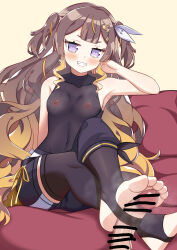 1girl absurdres anya_melfissa asymmetrical_clothes black_leotard black_pants black_thighhighs blonde_hair blunt_bangs brown_hair censored covered_navel crossed_ankles disembodied_penis feet foot_focus foot_out_of_frame footjob gradient_hair hair_ribbon head_rest highres hololive hololive_idol_uniform_(color_rise) hololive_indonesia kris_hair_ornament leotard light_blush long_hair multicolored_hair no_shoes pants penis penis_in_thighhigh purple_eyes ribbon scribble_censor second-party_source see-through_clothes see-through_leotard shirt short_eyebrows single_pantsleg sitting smell smug steaming_body streaked_hair sweat thighhighs toeless_legwear unworn_shirt very_long_hair virtual_youtuber wavy_hair white_ribbon yellow_background zedxxx