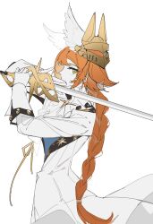 1girl absurdres dress eden_(shengaoneng) gloves green_eyes hair_ornament highres holding holding_sword holding_weapon long_braid long_hair looking_at_viewer official_alternate_costume over_shoulder profile reverse:1999 solo sonetto_(reverse:1999) sword upper_body weapon weapon_over_shoulder white_background white_dress white_gloves wing_hair_ornament