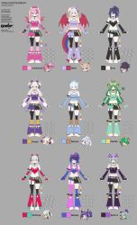 6+girls amemiya_nazuna angel angel_wings animal_ears antlers apricot_the_lich beret black_nails black_skirt black_thighhighs blue_eyes blue_hair boots character_name copyright_logo copyright_name deer_ears demon_girl demon_horns demon_wings dragon_girl dragon_tail dragon_wings epebe fingerless_gloves gloves green_eyes green_hair green_leg_warmers grey_hair haruka_karibu hat henya_the_genius heterochromia highres hime_hajime horns ironmouse jacket kson leg_warmers leggings long_hair melody_(projektmelody) multicolored_hair multiple_girls nail_polish official_art pink_eyes pink_hair pink_nails ponytail purple_gloves purple_hair purple_jacket purple_leggings red_leg_warmers red_shirt red_shorts reference_sheet reindeer_antlers reindeer_girl shirt shorts sidelocks skirt smile streaked_hair tail thighhighs two_side_up very_long_hair virtual_youtuber vshojo vshojo_idol_uniform_(candy_pop) white_boots white_hat wings zentreya zentreya_(cyborg)