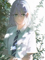 1girl artist_name dated highres holding_own_arm kabocha_(kabocha0726) mole mole_under_eye necktie plant sankakkei_no_kowashi-kata school_uniform shadow short_hair solo sunlight white_hair