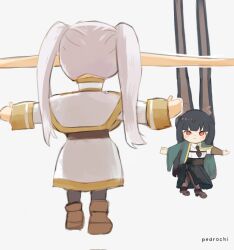 2girls animal_ear_fluff animal_ears artist_name bane_vs._pink_guy_(meme) belt long-eared_miyabi_(meme) black_hair black_necktie blunt_bangs blush boots brown_belt brown_footwear capelet chibi chibi_only closed_mouth commentary fox_ears fox_girl frieren from_behind full_body highres hoshimi_miyabi jacket long_hair long_sleeves meme multiple_girls necktie outstretched_arms pedrochi pointy_ears red_eyes sidelocks sousou_no_frieren spread_arms standing t-pose twintails very_long_ears white_background white_capelet white_hair wide_sleeves zenless_zone_zero