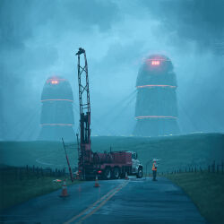 1boy architecture cable cloud cloudy_sky fence fog head-mounted_display highres motor_vehicle official_art road science_fiction simon_stalenhag sky the_electric_state traffic_cone truck wooden_fence