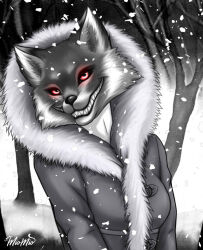 1girl alice_(tiny_bunny) animal_ears black_sclera breasts coat colored_sclera evil_grin evil_smile fangs fox fox_ears fur_coat fur_trim furry furry_female glowing glowing_eyes grin kamoen looking_at_viewer medium_breasts red_eyes red_sclera sharp_teeth smile snow snowing solo spot_color teeth tiny_bunny_(game) tree upper_body werewolf winter winter_clothes winter_coat