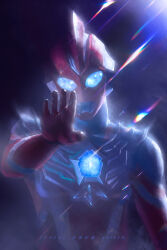 1boy absurdres alien armor artist_name black_background blue_eyes breastplate chinese_commentary chinese_text color_timer colored_skin commentary compound_eyes dark_background dated dorsal_fin dust_cloud english_text eye_slugger film_grain glowing glowing_eyes hand_up head_tilt highres kaizen_(mark1951) lens_flare looking_at_viewer male_focus mixed-language_text multicolored_skin open_hand pectorals reaching reaching_towards_viewer red_skin sidelighting silver_skin solo standing tokusatsu toned toned_male two-tone_skin ultra_series ultraman_omega ultraman_omega_(series) upper_body
