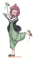 1girl :d ^_^ alcohol_carton black_jacket black_nails blush bocchi_the_rock! chromatic_aberration closed_eyes commentary dress english_commentary fingernails full_body geta horse_pose green_dress hair_over_shoulder highres hiroi_kikuri jacket leg_up long_hair long_sleeves low-braided_long_hair low-tied_long_hair medium_dress motion_lines multicolored_jacket nail_polish nose_blush object_on_head open_clothes open_jacket open_mouth pink_hair sharp_teeth simple_background smile solo standing standing_on_one_leg teeth torako_(toramaru) two-tone_jacket umamusume upper_teeth_only white_background white_jacket