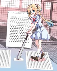 1girl :d aluminum_bat batting_cage blonde_hair blue_eyes blue_hair brown_dress brown_shoes commentary_request dress flower full_body gradient_hair hair_flower hair_ornament hasu_no_sora_school_uniform highres kanduki_kamibukuro link!_like!_love_live! loafers long_hair looking_at_viewer love_live! medium_dress multicolored_hair neckerchief open_mouth osawa_rurino parted_bangs pink_flower pleated_dress puffy_short_sleeves puffy_sleeves red_neckerchief sailor_collar sailor_dress school_uniform shadow shoes short_sleeves smile socks solo summer_uniform twintails v-shaped_eyebrows virtual_youtuber white_sailor_collar white_socks