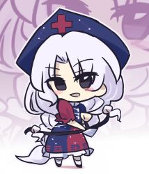 Rule 34 | 1girl, blush stickers, bow (weapon), chibi, constellation, constellation print, cross, dress, grey hair, hat, looking at viewer, multicolored dress, nurse cap, parted bangs, red cross, shin16, smile, solo, touhou, trigram, weapon, white hair, yagokoro eirin