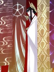 1girl bankai black_hair bleach bleach:_sennen_kessen-hen blunt_bangs closed_mouth commentary_request crescent crescent_hair_ornament cross cross_print extra_arms eyelashes fabric feet_out_of_frame from_side grey_eyes hair_ornament haori highres japanese_clothes long_hair looking_at_viewer mature_female mechanical_arms mitu_hide43 profile red_background red_lips shutara_senjumaru sidelocks sideways_glance simple_background smile solo standing straight_hair taichou_haori tapestry white_haori