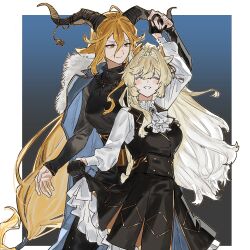 2girls ^_^ animal_ears arknights ascot black_dress black_gloves black_horns black_jacket blonde_hair border closed_eyes commentary curled_horns dancing degenbrecher_(arknights) dress english_commentary gloves gradient_background highres holding_hands horns interlocked_fingers jacket kjerag_(hyun) long_hair looking_at_another low-tied_long_hair luculea_(kjerag_(hyun)) multiple_girls orange_eyes orange_hair original outside_border skirt_hold smile very_long_hair white_ascot white_border yuri