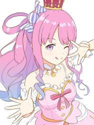 1girl blue_hair candy_hair_ornament closed_mouth crown dress endou_tengu food-themed_hair_ornament hair_ornament highres himemori_luna himemori_luna_(1st_costume) hololive looking_at_viewer one_eye_closed pink_dress pink_hair sidelocks smile solo tongue tongue_out v v_over_eye virtual_youtuber white_background