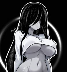 1girl artist_name black_hair bottomless breasts expressionless graphicthereal hair_over_eyes large_breasts long_hair navel no_bra shirt the_ring toned underboob very_long_hair yamamura_sadako