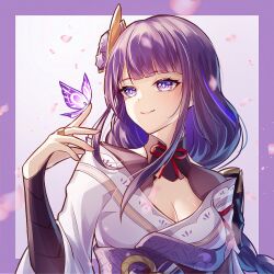1girl absurdres armor blue_pupils blunt_bangs braid breasts bridal_gauntlets bug butterfly butterfly_on_hand cleavage closed_mouth clothing_cutout commentary_request eyeliner falling_petals fan_hair_ornament genshin_impact glowing_butterfly gradient_background hair_ornament happy_birthday head_tilt highres insect japanese_clothes kimono large_breasts light_smile long_braid long_hair looking_at_animal looking_down looking_to_the_side makeup mitsudomoe_(shape) mole mole_under_eye motion_blur neck_ribbon off_shoulder petals pink_lips pink_petals purple_background purple_butterfly purple_kimono purple_sash raiden_shogun red_eyeliner red_ribbon ribbon sash shade shoulder_armor shoulder_cutout single_braid solo tomoe_(symbol) upper_body yuno_kaihara