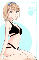 Rule 34 | 1girl, 22/7, artist name, asymmetrical bangs, bikini, black bikini, blonde hair, blue bow, bob cut, bow, closed mouth, feet out of frame, from side, furrowed brow, green eyes, hair bow, inverted bob, natsushi, navel, official alternate costume, saito nicole, seiza, short hair, sitting, solo, sweatdrop, swimsuit, white background