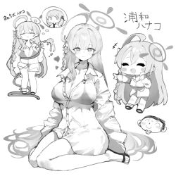 +++ 1boy 1girl :d bikini bikini_under_clothes blue_archive blush_stickers bow braid breasts character_name chibi cleavage closed_eyes commentary_request deformed doodle_sensei_(blue_archive) eimi_(blue_archive) full_body greyscale hair_bow hanako_(blue_archive) hanako_(swimsuit)_(blue_archive) hand_on_own_cheek hand_on_own_face hand_up hands_up heart highres holding holding_hose hose imagining kotatu_(akaki01aoki00) long_hair long_sleeves monochrome multiple_views official_alternate_costume open_mouth oversized_clothes oversized_shirt pointing pointing_forward sandals see-through_clothes see-through_shirt sensei_(blue_archive) shirt simple_background smile speech_bubble swimsuit thought_bubble translation_request very_long_hair water wet wet_clothes white_background