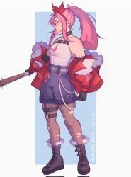 1girl alternate_costume alternate_hairstyle aubrey_(faraway)_(omori) aubrey_(omori) baseball_bat black_gloves black_shorts blue_eyes breasts brown_pantyhose corrupted_twitter_file earrings fingerless_gloves gloves hairband highres holding holding_baseball_bat jacket jewelry mel_(melmellie) nail_(hardware) nail_bat omori pantyhose pink_hair ponytail red_hairband red_jacket shorts small_breasts solo star_(symbol) star_earrings torn_clothes torn_pantyhose twitter_username