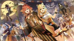 2boys 6+girls :d :o absurdres aerial_fireworks ahoge ajaw_(genshin_impact) alternate_costume animal_ear_fluff animal_ears ascot bandage_on_knee bandaged_head bandaged_leg bandages bare_shoulders bell black_bow black_bowtie black_cape black_dress black_footwear black_hair black_hat black_pants black_shirt black_shorts black_thighhighs blonde_hair blue_bow blue_dress blue_eyes blue_jacket blue_pants blue_sleeves blue_thighhighs bow bowtie braid breasts broom broom_riding candlestand cape chasca_(genshin_impact) chinchilla_ears citlali_(genshin_impact) cleavage closed_mouth collar colored_inner_hair commentary_request crossed_bangs crossed_legs detached_sleeves dress earrings elf fingernails fireworks food genshin_impact gloves green_eyes hair_bow hair_over_one_eye halloween halloween_bucket hands_up hat heterochromia high_heels highres holding holding_candlestand holding_food holding_lantern holding_staff iansan_(genshin_impact) jacket jaguar_ears jaguar_tail jewelry jingle_bell kachina_(genshin_impact) kinich_(genshin_impact) lantern large_breasts long_fingernails long_hair long_sleeves looking_at_viewer mask mask_on_head mavuika_(genshin_impact) mini_hat mualani_(genshin_impact) multicolored_dress multicolored_hair multiple_boys multiple_girls nail_polish night night_sky open_clothes open_jacket open_mouth orange_dress orange_hair orange_nails orange_shirt ororon_(genshin_impact) outdoors pants pink_hair pointy_ears purple_hair purple_hat purple_nails red_collar red_eyes red_hair shiba_(tonari_no_shiba_inu) shirt short_sleeves shorts single_thighhigh sitting skull_mask sky smile staff standing striped_clothes striped_shirt symbol-shaped_pupils tail tail_bell tail_ornament thighhighs toenails torn_clothes torn_pants torn_thighhighs unfinished vertical-striped_clothes vertical-striped_shirt very_long_hair white_ascot white_gloves white_hair white_shirt white_thighhighs xilonen_(genshin_impact) yellow_bow