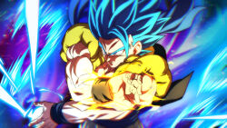 Rule 34 | 1boy, aura, black vest, blue aura, crossed arms, dragon ball, dragon ball super, dragon ball super broly, dragon ball z dokkan battle, gogeta, male focus, metamoran vest, pants, powering up, rom (20), super saiyan, super saiyan blue, transcendent blazer, vest