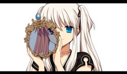 black_dress black_ribbon blue_eyes dress holding holding_mirror lessojin long_hair mabinogi mari_gwydion mirror nao_(mabinogi) red_eyes red_hair ribbon simple_background twintails white_hair