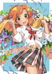 1girl blush collared_shirt commentary_request dated flower hair_bun happy_birthday holding holding_unworn_clothes holding_unworn_scarf ichimi_renge looking_at_viewer medium_hair neck_ribbon open_mouth orange_eyes orange_hair plaid_clothes plaid_skirt pleated_skirt red_ribbon ribbon scarf school_uniform second-party_source shirt single_hair_bun single_side_bun skirt smile sobu_high_school_uniform solo summer_uniform unworn_scarf white_shirt yahari_ore_no_seishun_lovecome_wa_machigatteiru. yuigahama_yui