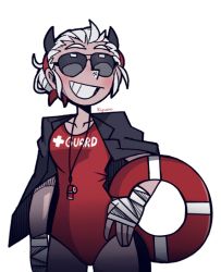 Rule 34 | 1girl, bandages, bandana, bikini, black horns, blush, demon horns, demon tail, hair bun, hand on own hip, helltaker, horns, justice (helltaker), kiyovero, lifebuoy, lifeguard, lotion, one-piece swimsuit, shrug (clothing), silver hair, single hair bun, smile, solo, sunglasses, sunscreen, swim ring, swimsuit, tail, transparent background, whistle, whistle around neck