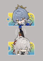 2boys armor blue_gloves blue_jacket blush_stickers book chibi chibi_only chinese_clothes closed_eyes closed_mouth crossed_bangs earrings feathered_wings flying_sweatdrops gloves gold_earrings grey_hair hair_between_eyes hair_over_one_eye hair_ribbon halo halo_behind_head head_wings high_ponytail highres holding holding_book holding_cloth honkai:_star_rail honkai_(series) jacket jewelry jing_yuan long_hair long_sleeves looking_at_another looking_down multicolored_jacket multiple_boys open_book open_mouth piercing ponytail purple_shirt red_ribbon ribbon shirt short_hair shoulder_armor sidelocks sleeping smile sos13825406402 sunday_(honkai:_star_rail) tassel two-tone_jacket upper_body white_jacket wing_piercing wings yellow_eyes