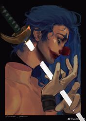 1boy absurdres black_border blue_hair border buggy_the_clown clown_nose collarbone disembodied_hand facepaint facial_hair from_side gloves goatee_stubble highres impaled male_focus one_piece simple_background solo stubble sword tears topless_male vamos_mk weapon white_gloves