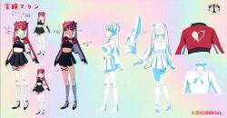 Rule 34 | 1girl, absurdres, black footwear, black gloves, black shirt, black skirt, character name, concept art, crop top, cropped jacket, earrings, fingerless gloves, full body, gloves, hair ribbon, hasu, heart, heart earrings, heart pendant, heart print, heterochromia, high heels, highres, hololive, houshou marine, iii (hololive), jacket, jewelry, long hair, midriff, multicolored jacket, multiple views, official art, pleated skirt, print jacket, red eyes, red hair, red jacket, reference sheet, ribbon, shirt, skirt, socks, twintails, two-tone jacket, virtual youtuber, white jacket, white socks, yellow eyes
