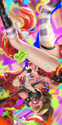 1girl asymmetrical_legwear black_boots black_skirt boots bow clenched_teeth english_text floating_hair green_eyes grin hair_bow highres holding holding_umbrella knee_boots kneehighs liang_xing long_hair long_sleeves red_hair skirt smile socks speech_bubble striped_clothes striped_thighhighs teeth thigh_strap thighhighs thighs ukinami_yuzuha umbrella uneven_legwear very_long_hair white_bow zenless_zone_zero