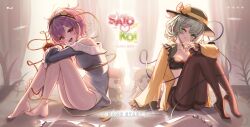 2girls :d adapted_costume arm_on_knee backlighting bare_legs barefoot black_bra black_panties blush bra breasts character_doll commentary creenoy curtains english_commentary eyeball eyelashes from_side full_body fumo_(doll) green_eyes green_hair hair_between_eyes hair_ornament hairband half-closed_eyes happy hat heart heart_hair_ornament highres indoors kaenbyou_rin knees_up komeiji_koishi komeiji_satori long_sleeves looking_at_viewer looking_to_the_side medium_breasts medium_hair messy_hair multiple_girls off-shoulder_shirt off_shoulder one_eye_closed open_clothes open_mouth open_shirt panties pantyhose puffy_sleeves purple_eyes purple_hair reiuji_utsuho round_teeth shirt short_hair sitting small_breasts smile solo teeth third_eye tongue tongue_out touhou underwear window yellow_shirt